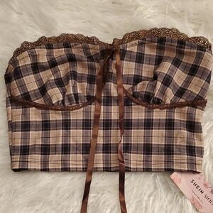 🍀New SHEIN Brown and Cream Plaid Corset with Lace Size Medium